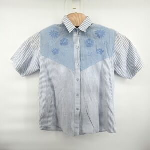Vintage Western Connection Embroidered Shirt Women Large L Blue Striped Cotton